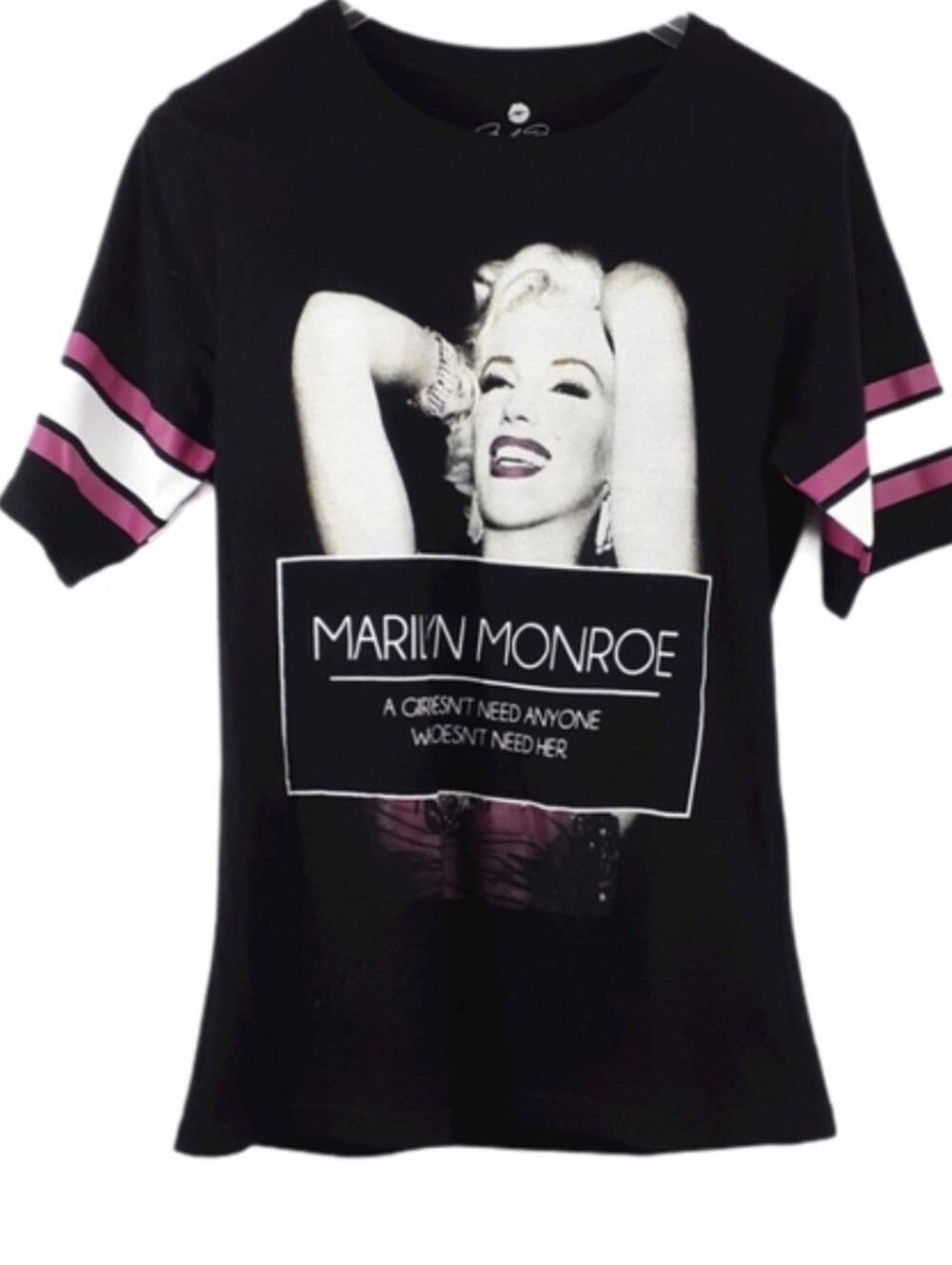 Marilyn Monroe Black Tee with Pink and White Sleeve Stripes